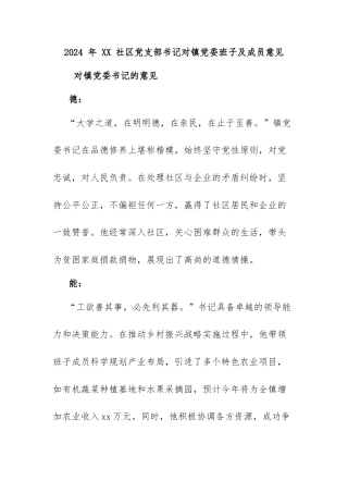 2024 年 XX 社区党支部书记对镇党委班子及成员意见