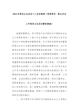 2024年度民主生活会个人发言提纲（党委委员、副主任含上年度民主生活会整改措施）