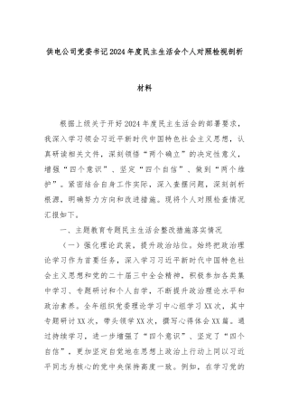 供电公司党委书记2024年度民主生活会个人对照检视剖析材料