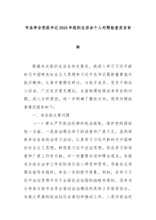 市法学会党组书记2024年组织生活会个人对照检查发言材料