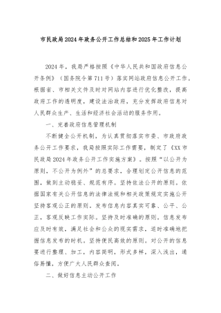 市民政局2024年政务公开工作总结和2025年工作计划