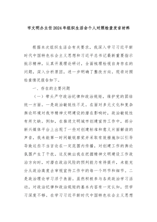 市文明办主任2024年组织生活会个人对照检查发言材料