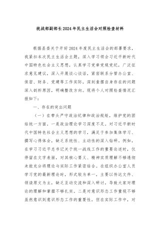 统战部副部长2024年民主生活会对照检查材料