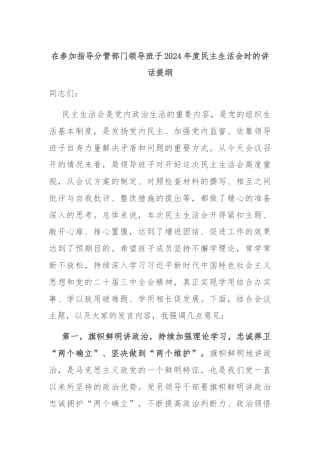 在参加指导分管部门领导班子2024年度民主生活会时的讲话提纲
