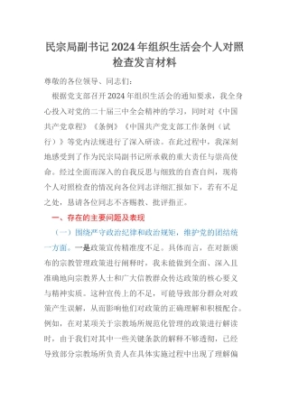 民宗局副书记2024年组织生活会个人对照检查发言材料
