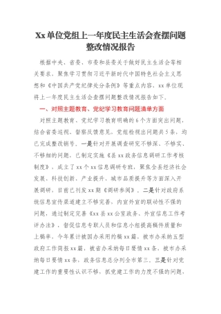 Xx单位党组上一年度民主生活会查摆问题整改情况报告