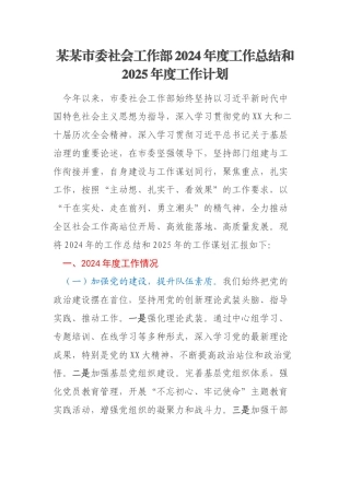 某某市委社会工作部2024年度工作总结和2025年度工作计划