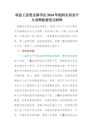 市总工会党支部书记2024年组织生活会个人对照检查发言材料