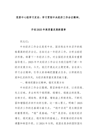 党委中心组学习发言：学习贯彻中央经济工作会议精神，开创2025年高质量发展新篇章