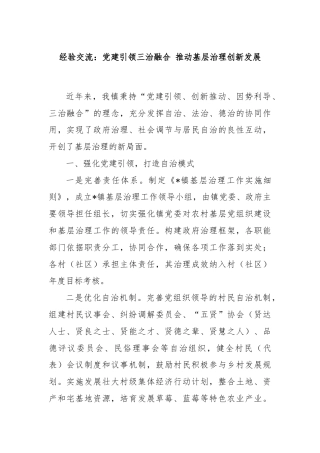 经验交流：党建引领三治融合 推动基层治理创新发展
