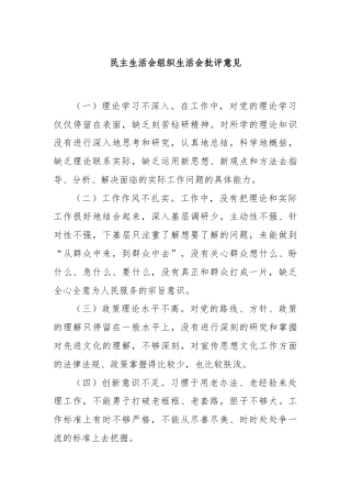 民主生活会组织生活会批评意见