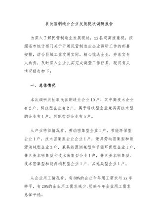 县民营制造业企业发展现状调研报告