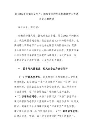 在2025年全镇安全生产、消防安全和生态环境保护工作动员会上的讲话