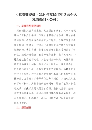 （党支部委员）2024年度民主生活会个人发言提纲（公司）