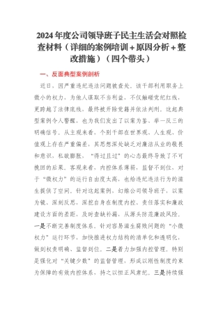 2024年度公司领导班子民主生活会对照检查材料（详细的案例培训＋原因分析＋整改措施）（四个带头）