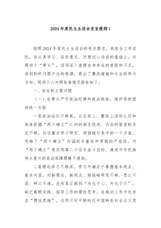2024年度民主生活会发言提纲1