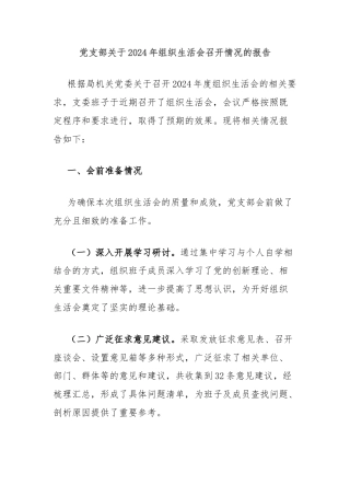 党支部关于2024年组织生活会召开情况的报告