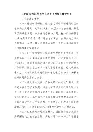 工业园区2024年民主生活会会后综合情况报告