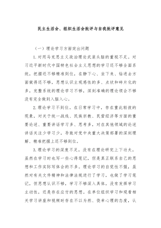 民主生活会、组织生活会批评与自我批评意见