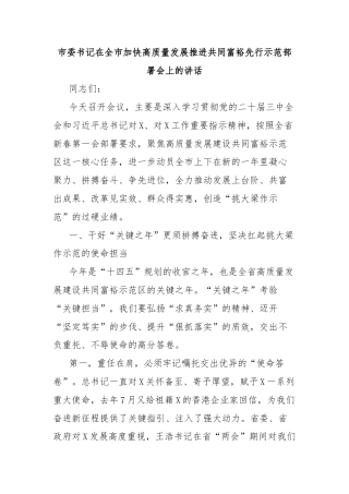 市委书记在全市加快高质量发展推进共同富裕先行示范部署会上的讲话