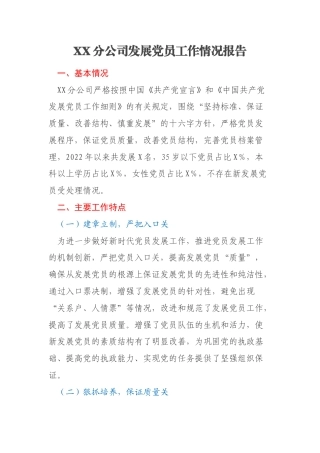 XX分公司发展党员工作情况报告