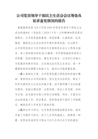公司党员领导干部民主生活会会议筹备及征求意见情况的报告