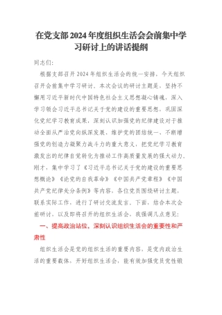 在党支部2024年度组织生活会会前集中学习研讨上的讲话提纲