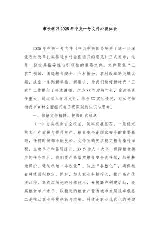 市长学习2025年中央一号文件心得体会