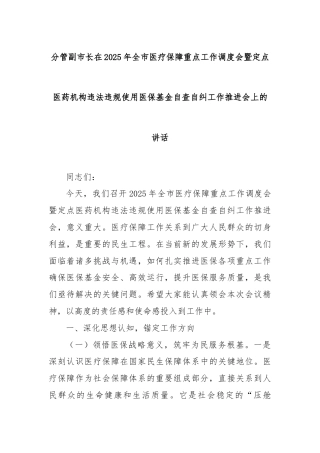 分管副市长在2025年全市医疗保障重点工作调度会暨定点医药机构违法违规使用医保基金自查自纠工作推进会上的讲话