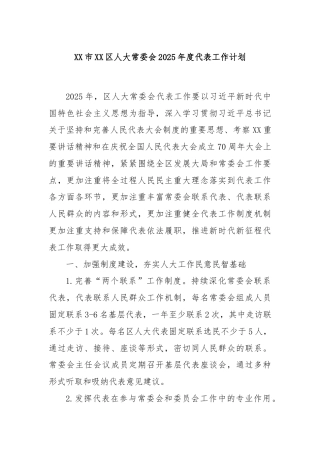 XX市XX区人大常委会2025年度代表工作计划