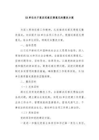 XX单位关于落实巡察反馈意见的整改方案