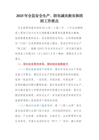 2025年全县安全生产、防灾减灾救灾和消防工作要点