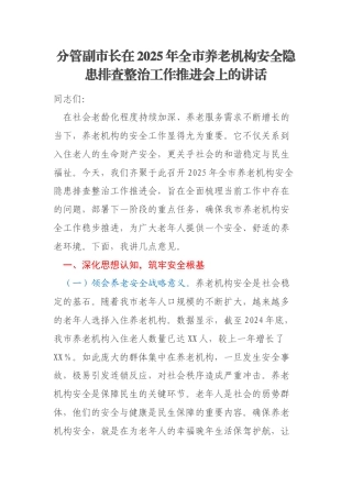 分管副市长在2025年全市养老机构安全隐患排查整治工作推进会上的讲话