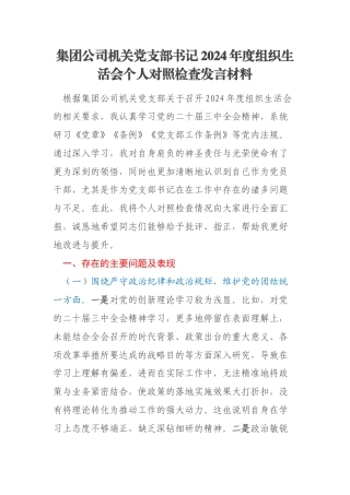 集团公司机关党支部书记2024年度组织生活会个人对照检查发言材料