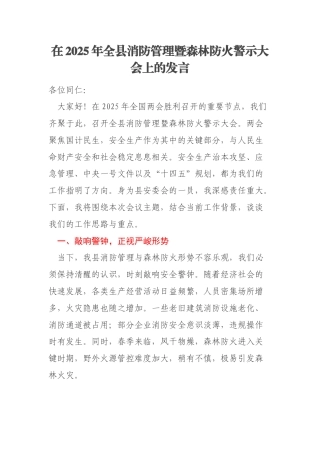 在2025年全县消防管理暨森林防火警示大会上的发言