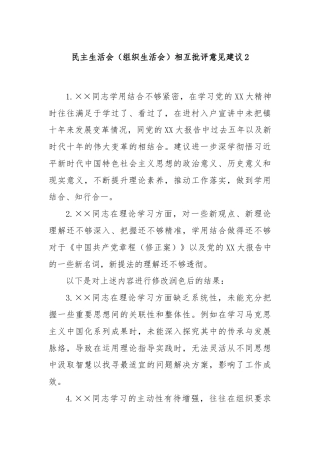 民主生活会（组织生活会）相互批评意见建议2