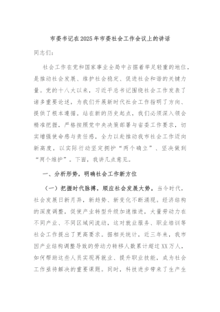 市委书记在2025年市委社会工作会议上的讲话