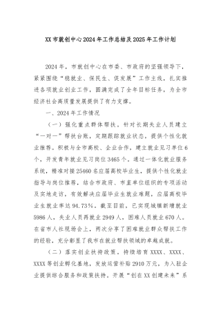 XX市就创中心2024年工作总结及2025年工作计划