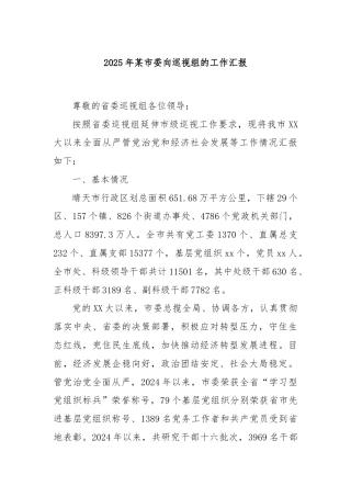 2025年某市委向巡视组的工作汇报