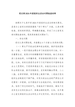 党支部2024年度组织生活会对照检查材料