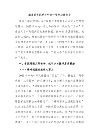 录县委书记学习中央一号件心得体会