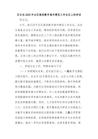 区长在2025年全区推进数字城市建设工作会议上的讲话