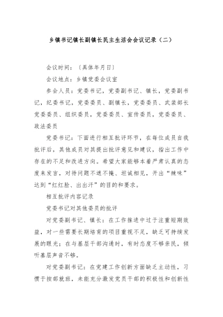 乡镇书记镇长副镇长民主生活会会议记录（二）