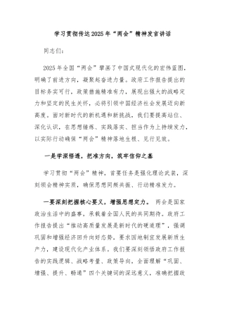 学习贯彻传达2025年“两会”精神发言讲话