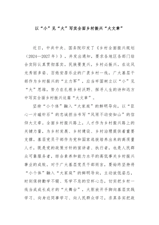 以“小”见“大”写实全面乡村振兴“大文章”
