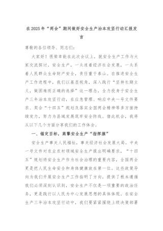 在2025年“两会”期间做好安全生产治本攻坚行动汇报发言