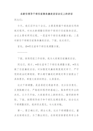 在新任领导干部任前集体廉政谈话会议上的讲话