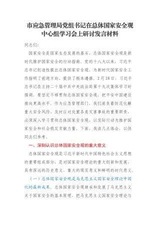 市应急管理局党组书记在总体国家安全观中心组学习会上研讨发言材料