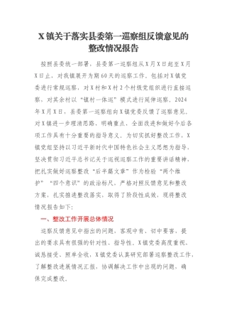 X镇关于落实县委第一巡察组反馈意见的整改情况报告