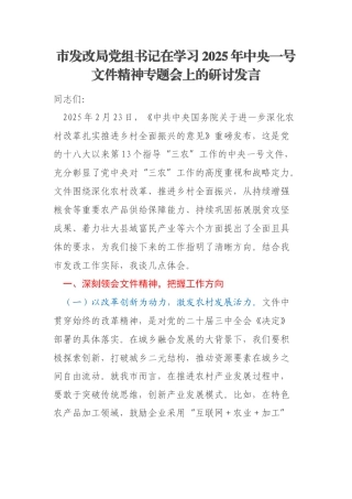 市发改局党组书记在学习2025年中央一号文件精神专题会上的研讨发言